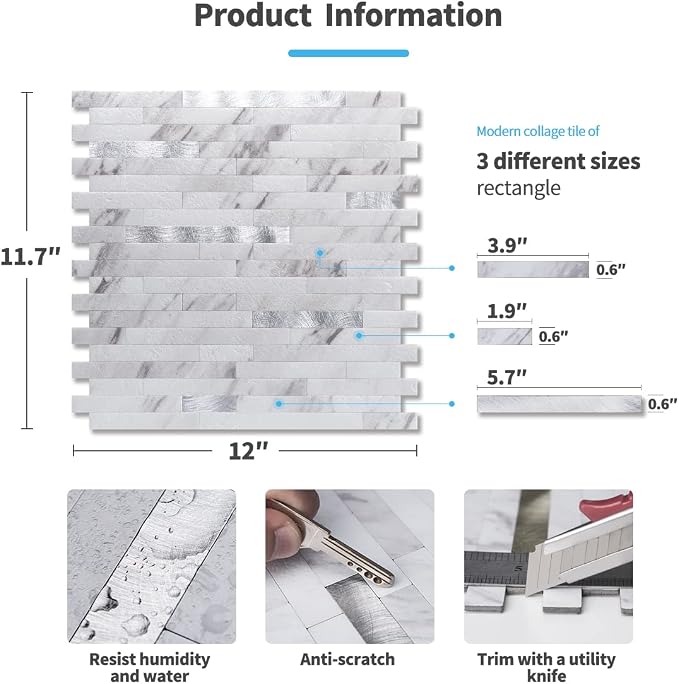 Art3d Faux Stone Peel & Stick Backsplash Tile, 10 pcs, Silver Trim Volakas | PVC, Multi-Style Decor Sheets, Waterproof, Traceless Peel, No Wall Damage, Ideal for Kitchen