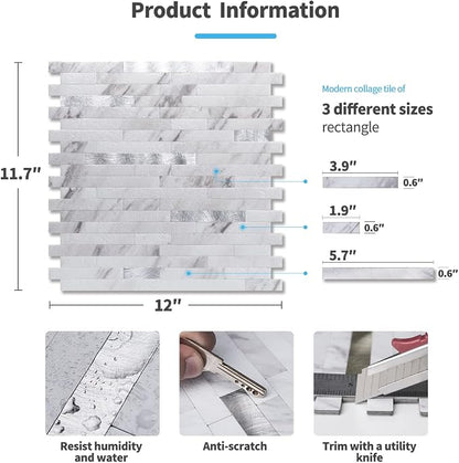 Art3d Faux Stone Peel & Stick Backsplash Tile, 10 pcs, Silver Trim Volakas | PVC, Multi-Style Decor Sheets, Waterproof, Traceless Peel, No Wall Damage, Ideal for Kitchen