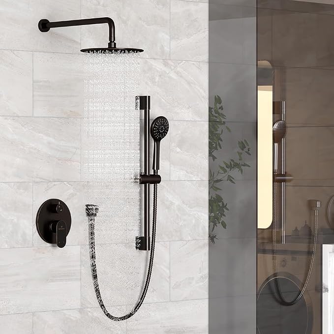 MONDAWE 9 Inch Wall Mounted Shower Faucet Set in Oil Rubbed Bronze, Rainfall Shower Head with 3-Setting Handheld Spray Shower Set Combo, High Pressure Shower System with Solid Brass Valve