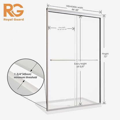 Royal Guard Double Sliding Shower Door 44-48" W x 72" H,Brush Nickel | 6mm SGCC Tempered Glass,Nano Coating Easy Clean,Walk-in Shower Use,Reversible Installation&Waterproof