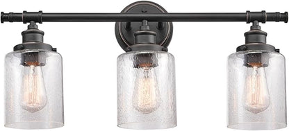 Globe Electric 51415 Camden 5-Piece All-in-One Bathroom Set, 3 Vanity Light with Seeded Glass Shades, Bar, Towel Ring, Robe Hook, Toilet Paper Holder, Bronze