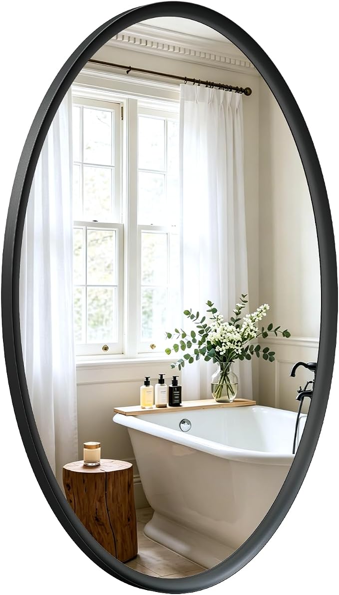 Black Oval Bathroom Mirror 24x36 Inch | Vanity Wall Mirror, Crystal-Clear HD Glass, Rust-Proof Aluminum Frame, Inner-Curved Decor for Bedroom, Entryway Renovation