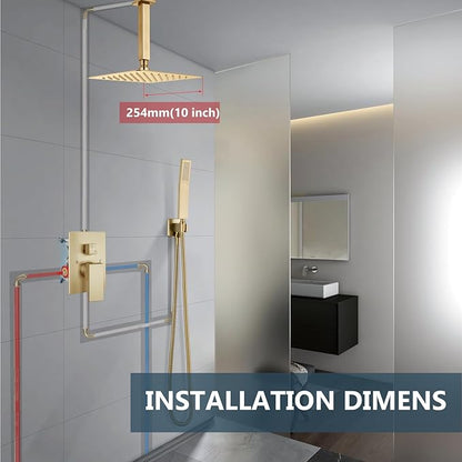 Aolemi Ceiling Mount Shower System Rain Shower Head with Handheld Spray High Pressure Shower Faucet Set Rough-in Valve Shower Trim Kit Included Bathroom Brushed Gold 10 Inch Ceiling Shower Head
