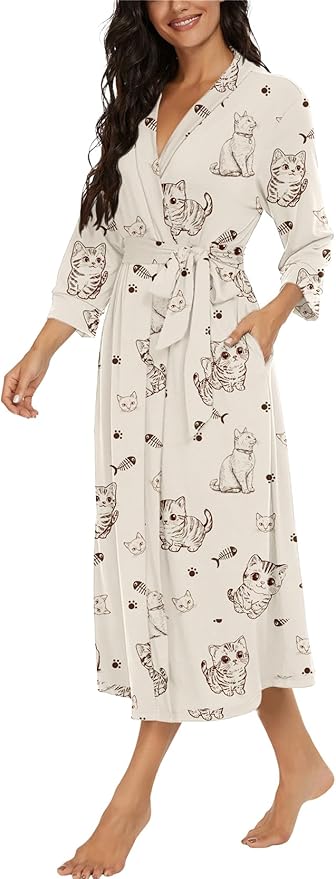 VINTATRE Women Kimono Robes Long Knit Bathrobe Lightweight Soft Knit Sleepwear V-neck Casual Ladies Loungewear