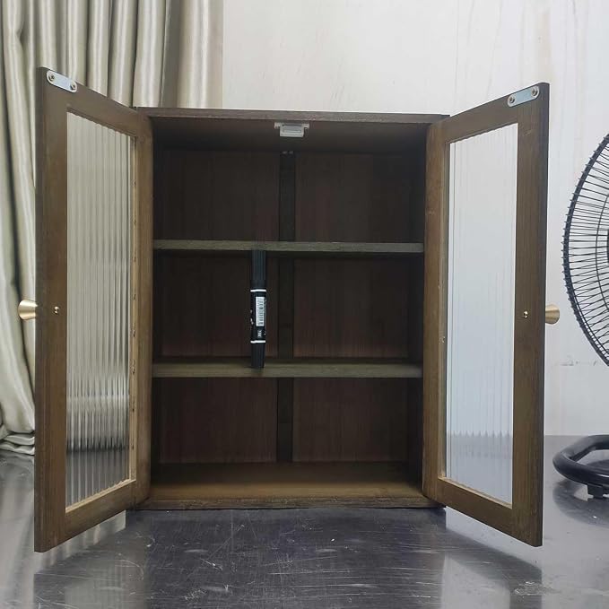 Brown Bamboo Countertop Cabinet Ribbed Glass Doors Adjustable Inner Shelves | 14.6"W×6.7"D×18.1"H magnetic double door cabinet,removable partition,for perfume essential oil kitchen pantry display storage