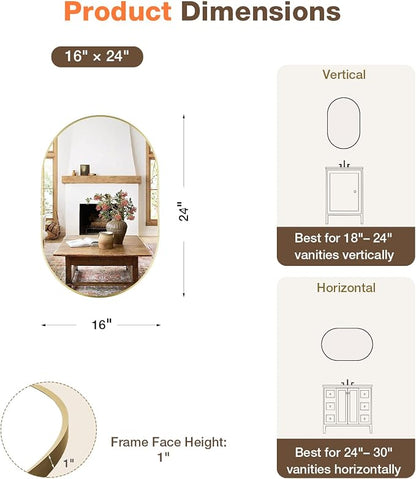 16"x24" Brushed Gold Oval Bathroom Mirror for Over Sink, Vanity Mirror | Aluminum Alloy Frame, Clear Reflection, Rust-Resistant, Vertical or Horizontal, Wall Mount, Bedroom and Entryway