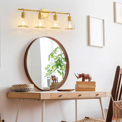 30" 4-Light Brushed Gold Modern Bathroom Vanity Light Fixtures Over Mirror | Clear Glass Shade, Heat-Resistant Ceramic E26 Socket, Wall Sconces, Rustproof, Fit 32–40 Inch Mirrors for Vanity Table