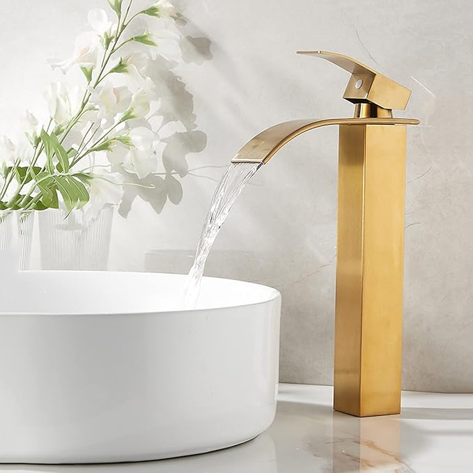 Brushed Gold High Arc Bathroom Faucet Single Lever Basin Mixer G1/2 Sink Tap with Waterfall Design Stainless Steel Finish for Modern Vanity
