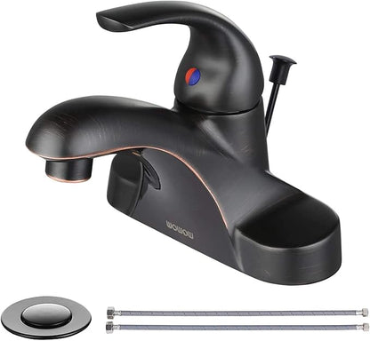 WOWOW Single Handle Commercial Bathroom Faucet Oiled Rubbed Bronze 4 inch Centerset Bathroom Basin Sink Faucets One Handle Vanity Faucets Basin Mixer Tap with Lift Rod Drain Assembly