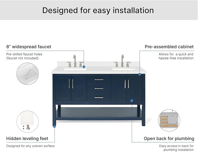 ARIEL Magnolia 60-inch Bathroom Vanity with Sink,Solid Wood, 1.5-inch Pure White Quartz Countertop, Double Rectangular Porcelain Sink, 4 Soft Closing Doors, 3 Dovetail Drawers, Midnight Blue