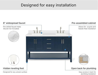 ARIEL Magnolia 60-inch Bathroom Vanity with Sink,Solid Wood, 1.5-inch Pure White Quartz Countertop, Double Rectangular Porcelain Sink, 4 Soft Closing Doors, 3 Dovetail Drawers, Midnight Blue