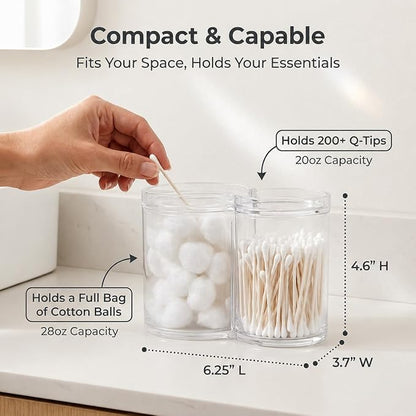 ForPro Clear Acrylic 2-Compartment Apothecary Jar with Lid, Shatterproof Qtip Holder & Cotton Ball Organizer, 28 Oz + 20 Oz Bathroom Vanity Canister for Kitchen, Office Decor, 6.25" x 3.7" x 4.6