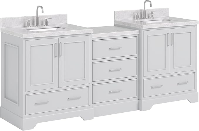 ARIEL Stafford 84-inch Bathroom Vanity with Sink,Solid Wood, 1.5in Italian Carrara Marble Countertop & Backsplash, Double Rectangular Porcelain Sink, 4 Soft Closing Doors, 5 Dovetail Drawers, Grey