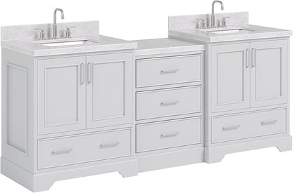 ARIEL Stafford 84-inch Bathroom Vanity with Sink,Solid Wood, 1.5in Italian Carrara Marble Countertop & Backsplash, Double Rectangular Porcelain Sink, 4 Soft Closing Doors, 5 Dovetail Drawers, Grey