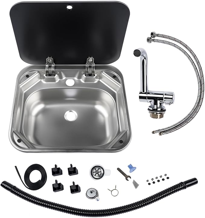RV Sink Stainless Steel Hand Wash Basin with Folding Lid and Faucet | Tempered Glass Lid, Hot&Cold Faucet, Single Bowl Drop-In Basin Sink for RV Camper Caravan Boat Home, 16.5" x 14.3" x 6.3"