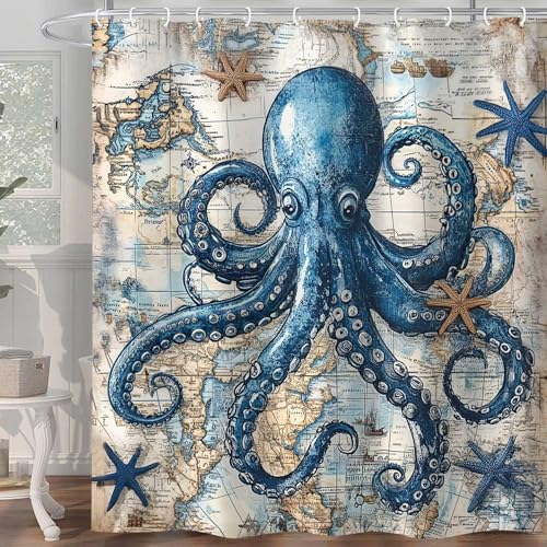 Octopus Shower Curtain for Bathroom, Funny Ocean Vintage Nautical Shower Curtains, Coastal Map Waterproof Fabric Shower Curtain Set with 12 Hooks, Retro 72 x 72 Inch