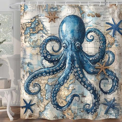 Octopus Shower Curtain for Bathroom, Funny Ocean Vintage Nautical Shower Curtains, Coastal Map Waterproof Fabric Shower Curtain Set with 12 Hooks, Retro 72 x 72 Inch