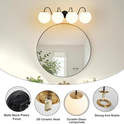 4 Lights Vintage Bathroom Vanity Light Fixtures Over Mirror, Matte Black Vanity Lights For Bathroom With Milk White Glass Globe Shade, Wall Lights For Bedroom, Hallway, Dressing Table(Includ G9 Bulbs)