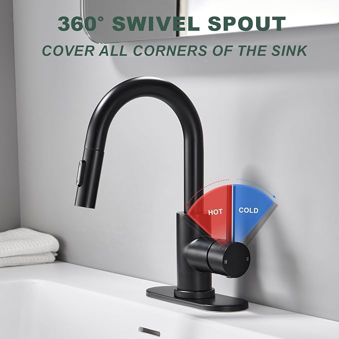 Black Bathroom Sink Faucet with Pull Down Sprayer | 2 Mode Sprayer, with Deck Plate for 1 or 3 Hole, 360° Swivel, with Pop Up Drain for Vanity Bar RV Basin Laundry Kitchen