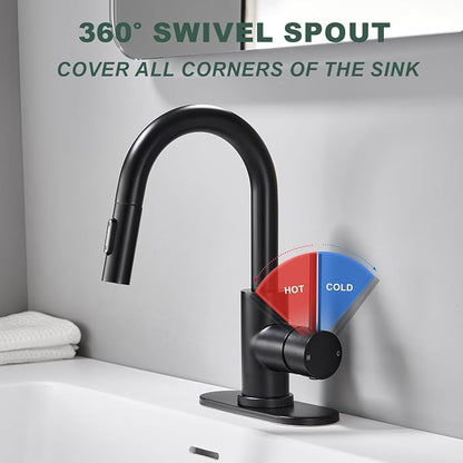 Black Bathroom Sink Faucet with Pull Down Sprayer | 2 Mode Sprayer, with Deck Plate for 1 or 3 Hole, 360° Swivel, with Pop Up Drain for Vanity Bar RV Basin Laundry Kitchen