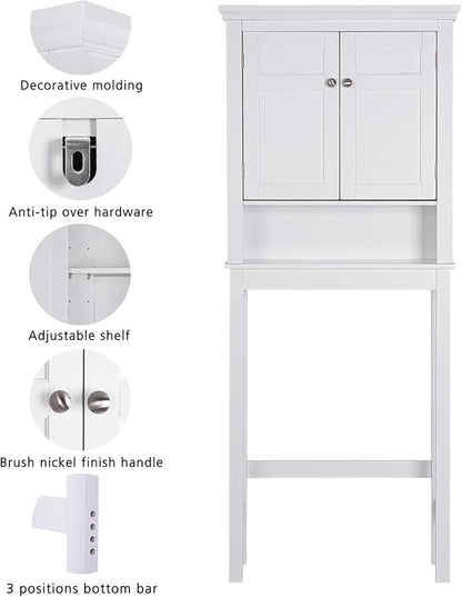 Spirich Over The Toilet Storage Cabinet, White Bathroom Organizer | Shaker Doors, Open & Hidden Storage, Adjustable Interior Shelf, FSC-Certified MDF, Anti-Tip Fitting, Adjustable Crossbar