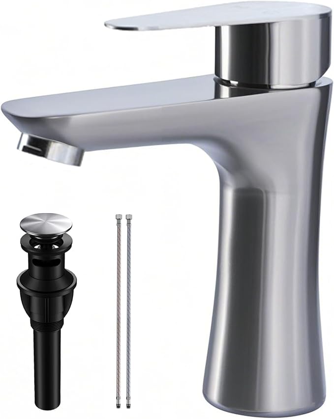VAPSINT Single Handle Bathroom Faucet, Brushed Nickel Bathroom Sink Faucet 1 Hole, Stainless Steel Small Vanity Faucets Single Hole for Vessel RV with Water Supply Hoses & Pop-up Drain