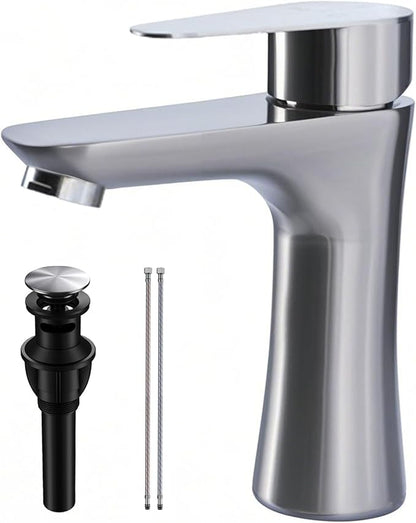 VAPSINT Single Handle Bathroom Faucet, Brushed Nickel Bathroom Sink Faucet 1 Hole, Stainless Steel Small Vanity Faucets Single Hole for Vessel RV with Water Supply Hoses & Pop-up Drain