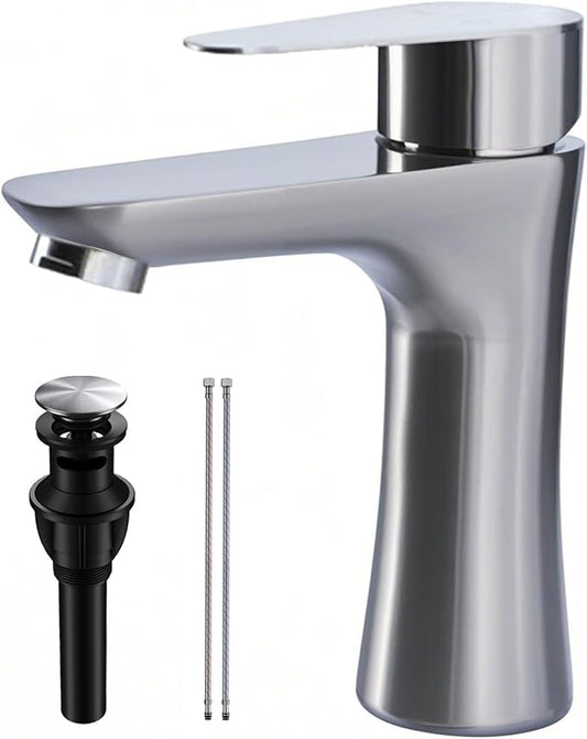 VAPSINT Single Handle Bathroom Faucet, Brushed Nickel Bathroom Sink Faucet 1 Hole, Stainless Steel Small Vanity Faucets Single Hole for Vessel RV with Water Supply Hoses & Pop-up Drain