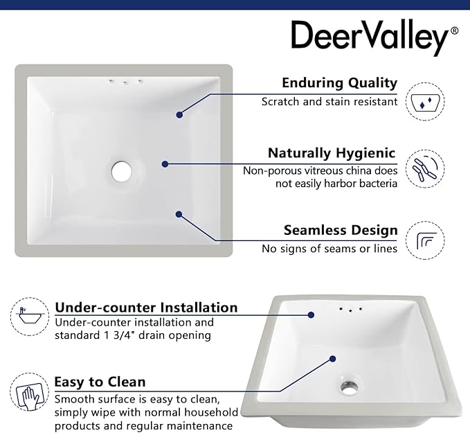 DeerValley DV-1U307 16" X 14" Rectangular Ceramic Bathroom Sink Undermount Bathroom Sink With Overflow Hole
