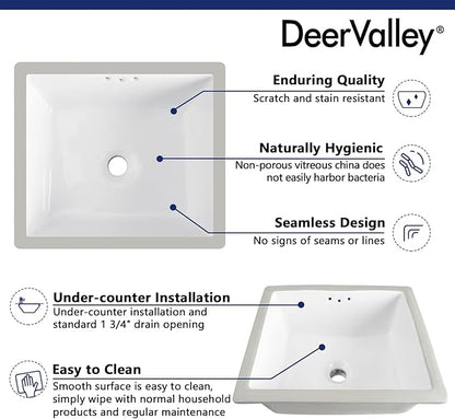 DeerValley DV-1U307 16" X 14" Rectangular Ceramic Bathroom Sink Undermount Bathroom Sink With Overflow Hole