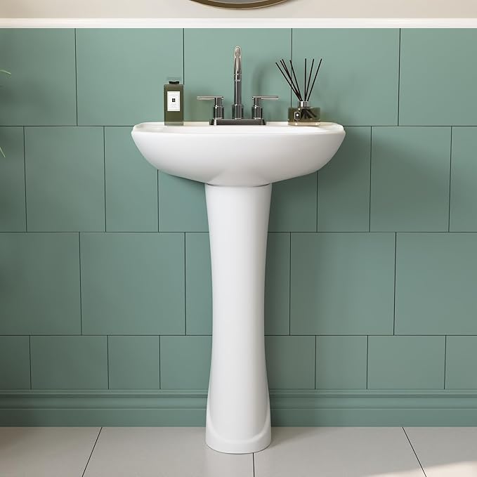 DeerValley Ally 20x17 Inch U-Shape White Ceramic Pedestal Sink, 3-Hole Faucet Configuration with Overflow, DV-1P52503