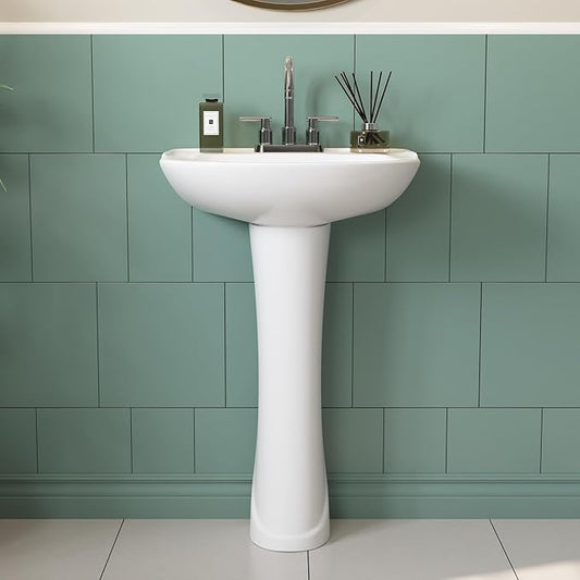 DeerValley Ally 20x17 Inch U-Shape White Ceramic Pedestal Sink, 3-Hole Faucet Configuration with Overflow, DV-1P52503