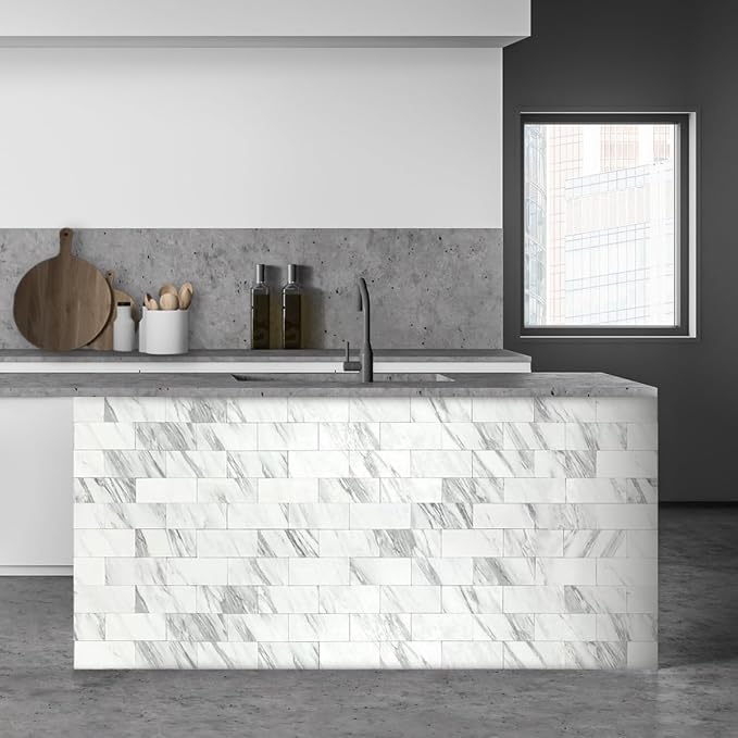 AULIGET 100-Piece White Marble Look Peel and Stick Backsplash Wall Tiles, 3" x 6" PVC Faux Stone Stick on Tile for Backsplash Kitchen, Bathroom, Laundry Room, Camper, Fireplace