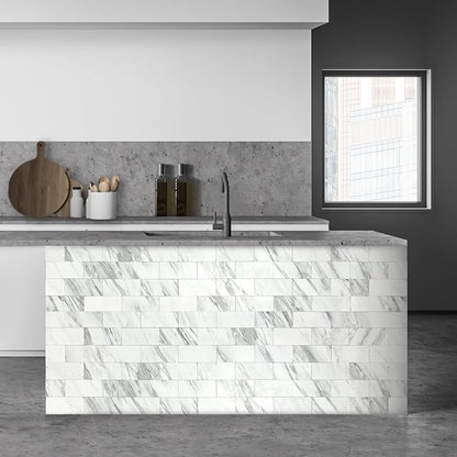 AULIGET 100-Piece White Marble Look Peel and Stick Backsplash Wall Tiles, 3" x 6" PVC Faux Stone Stick on Tile for Backsplash Kitchen, Bathroom, Laundry Room, Camper, Fireplace