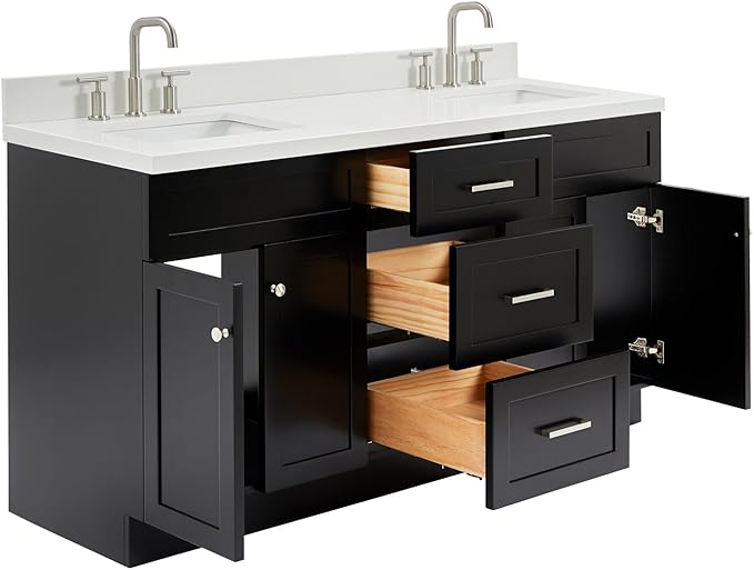 ARIEL Hamlet 66-inch Bathroom Vanity with Sink,Solid Wood, 1.5-inch Pure White Quartz Countertop & Backsplash, Double Rectangular Porcelain Sink, 4 Soft Closing Doors, 3 Dovetail Drawers, Black