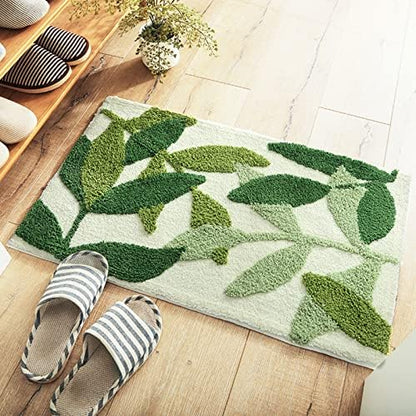 Green Leaves Bath Mats Bathroom Rugs Non-Slip Soft Microfiber Absorbent Machine Washable Entrance Doormat Boho Carpet for Bathroom Floor Tub Shower 17.5 X 25.5 Inches