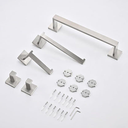 5 Piece Bathroom Hardware Set Brushed Nickel, SUS304 Stainless Steel Towel Bar Set, Modern Square Accessories with 16 Inch Rack Toilet Paper Holder Robe Hooks (Brushed Nickel)