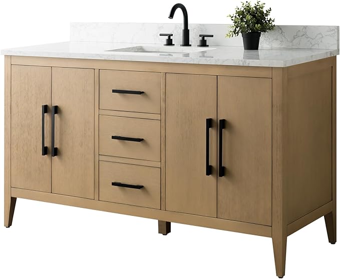 HomeBeyond 60 Inch Bathroom Vanity with Sink & Ceramic Top, Single Vanity Cabinet with Basin, Soft-Closing Doors & Matte Black Hardware, Natural Oak