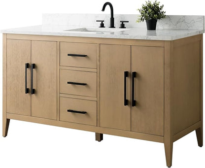 HomeBeyond 60 Inch Bathroom Vanity with Sink & Ceramic Top, Single Vanity Cabinet with Basin, Soft-Closing Doors & Matte Black Hardware, Natural Oak