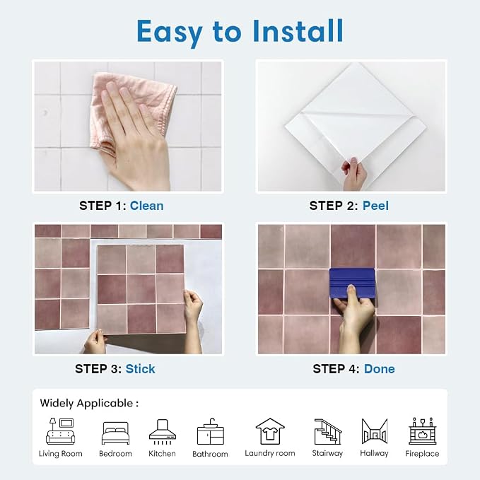 Thicker 3D Peel and Stick Backsplash Tiles, 10 Pcs 12" x 12" | Vintage Red, Glossy Self Adhesive Backsplash Sticker for Renter Friendly Bathroom DIY Wall Makeover, Cover 10 sq ft，Removable