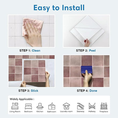 Thicker 3D Peel and Stick Backsplash Tiles, 10 Pcs 12" x 12" | Vintage Red, Glossy Self Adhesive Backsplash Sticker for Renter Friendly Bathroom DIY Wall Makeover, Cover 10 sq ft，Removable