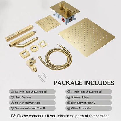 Shower System Shower Faucet Set, STARBATH 12"+6" Ceiling Mount Rain Shower Head and Handheld Spray for Two Person, Rainfall Shower System with Diverter Valve and Trim Kit Complete,Brushed Gold