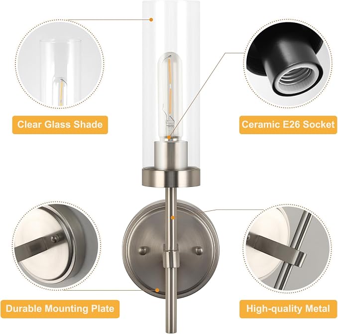 WILON Bathroom Wall Sconces Vanity Light Fixtures, Brushed Nickel, 2 pcs | Clear Glass Shade, 60W MAX, Modern Style for Vanity Mirror Bedroom Bedside Hallway Corridor Stairs bathroom