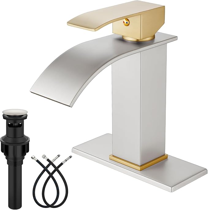 Midanya Bathroom Faucet with Waterfall Spout, Single Hole or 3-Hole Deck Mount, 304 Stainless Steel Sink Faucet with Pop-Up Drain, RV Vanity Compatible,Brushed Gold Handle/Brushed Nickel