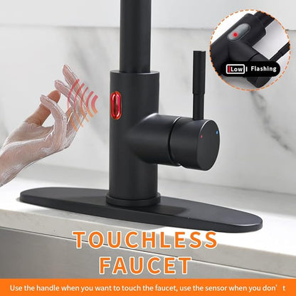 OWOFAN Touchless LED Light Kitchen Sink Faucet Pull Down Sprayer Smart Motion Sensor Activated Hands Free Single Handle Kitchen Faucet Black