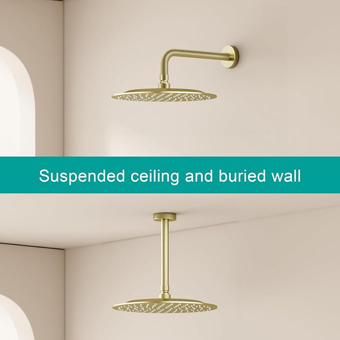 All Metal Rain Shower Head - Heavy Duty Stainless Steel, Easy Install, High Water Flow, Ultra-Thin Modern Design for Bathroom (F-Brushed Gold, 10)