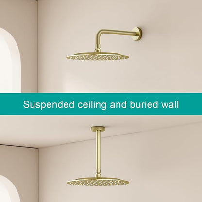 All Metal Rain Shower Head - Heavy Duty Stainless Steel, Easy Install, High Water Flow, Ultra-Thin Modern Design for Bathroom (F-Brushed Gold, 10)