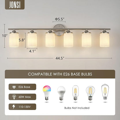 Jonsi Nickel Bathroom Light Fixtures 6-Light Vanity Lights Modern Wall Sconce with Milk White Shade Brushed Nickel Bathroom Light Fixture Over Mirror for Bedroom Hallway Kitchen