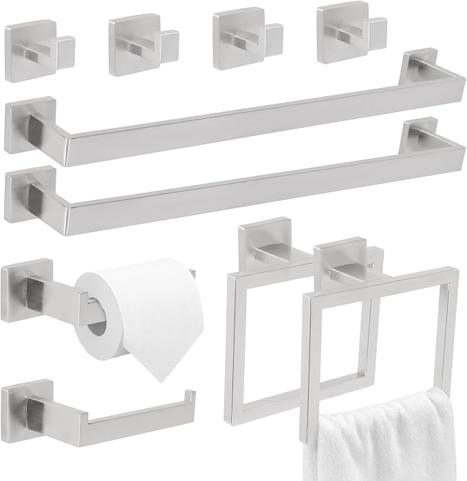 10 Pcs Silver Bathroom Hardware Accessories Set 23.6 Inch Wall Mounted | Bath Towel Bar Kit with Square Towel Racks Ring and Towel Hooks, Paper Holder, 304 Stainless Steel
