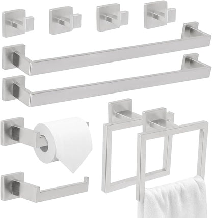 10 Pcs Silver Bathroom Hardware Accessories Set 23.6 Inch Wall Mounted | Bath Towel Bar Kit with Square Towel Racks Ring and Towel Hooks, Paper Holder, 304 Stainless Steel